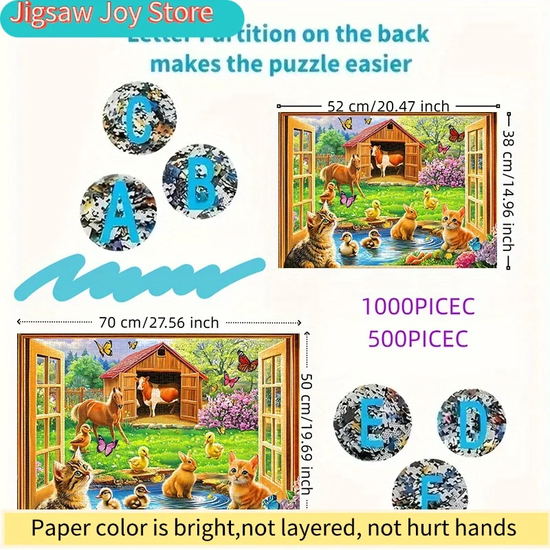 500/1000pcs Puzzle, DIY Paper Puzzle, Pastoral Animals, Cartoon Farm, Cute Cats, Adult Puzzle, Suitable for Leisure Time Puzzl