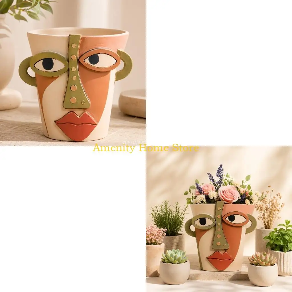 F26C Colorful Abstract Face Flower Pot Funny Face PlantePot For Indoor Outdoor Decors
