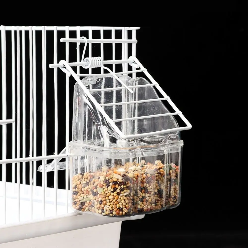 Compact Anti Spill Bird Cage Feeder Cup Leak Proof Clear Plastic Hanging Food Bowl Easy to Clean Clip On Bird Waterer Parakeets