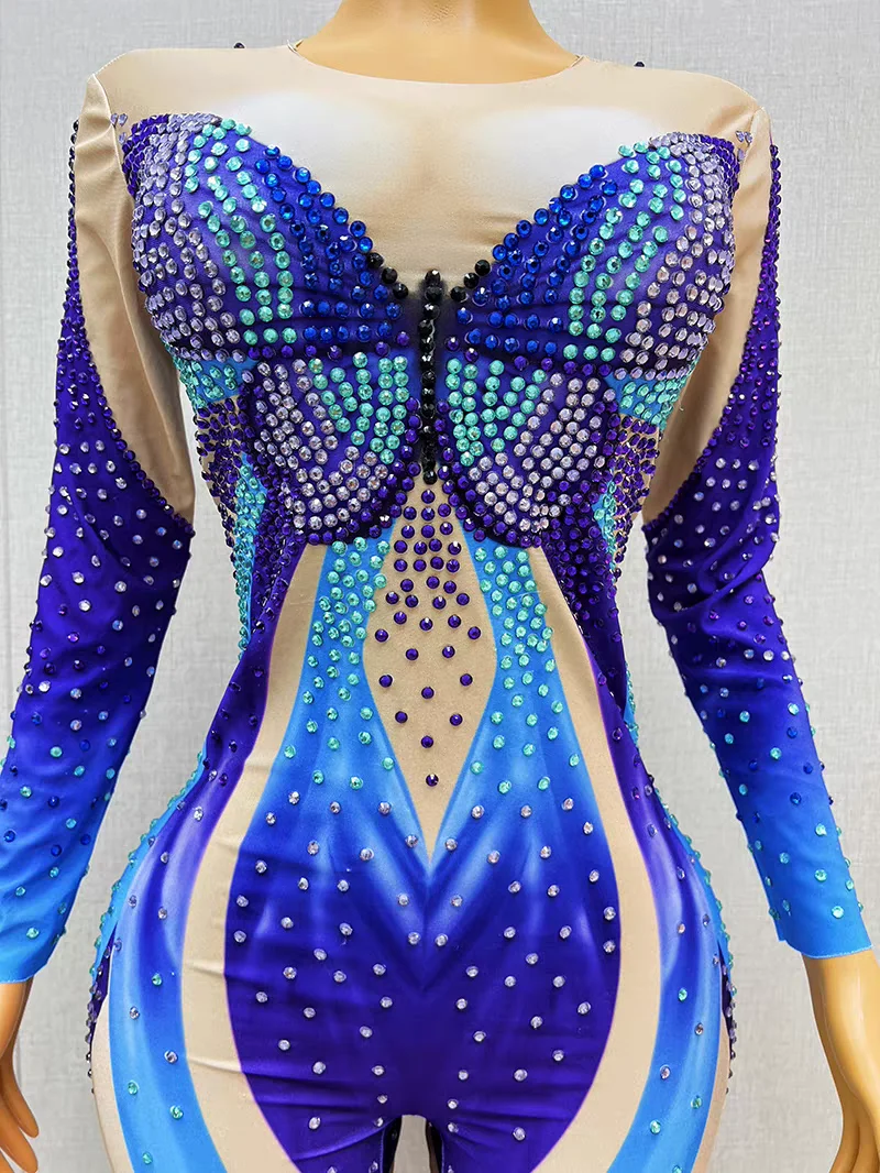 Female Costume Blue Butterfly Rhinestones Jumpsuits Sexy Leotard Crystals Bodysuit Nightclub DJ Singer Dancer Party Show Tights