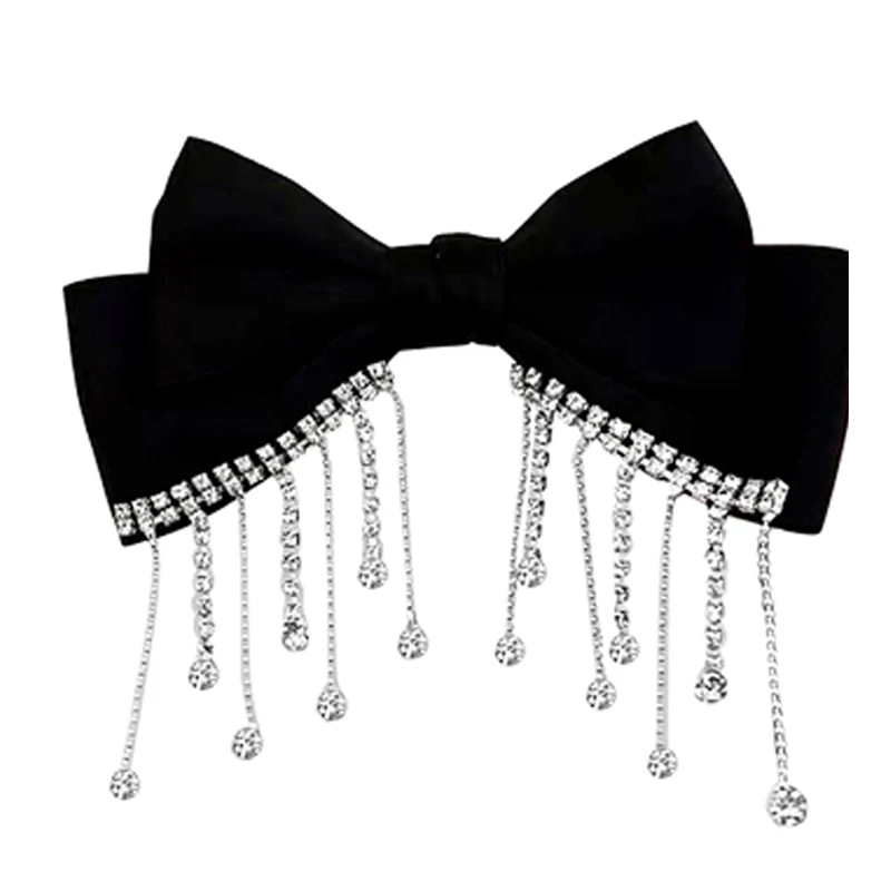 New Big Bow Bling Rhinestone Tassels Hair Clip Satin Hairpins Barrettes Ponytail Clip Elegant Shiny Double Bow Hairpin Heawear