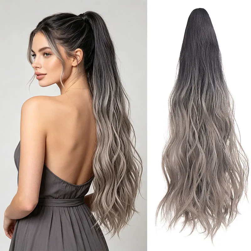 Clip-In Ponytail Wig, 17.7inch Inch Long Synthetic Water Wave Hair Extensions, Gradient Natural Fluffy Fake Ponytail Hairpiece, Women's Daily Style Suitable for Parties, Dates, Photography, and Other Occasions.