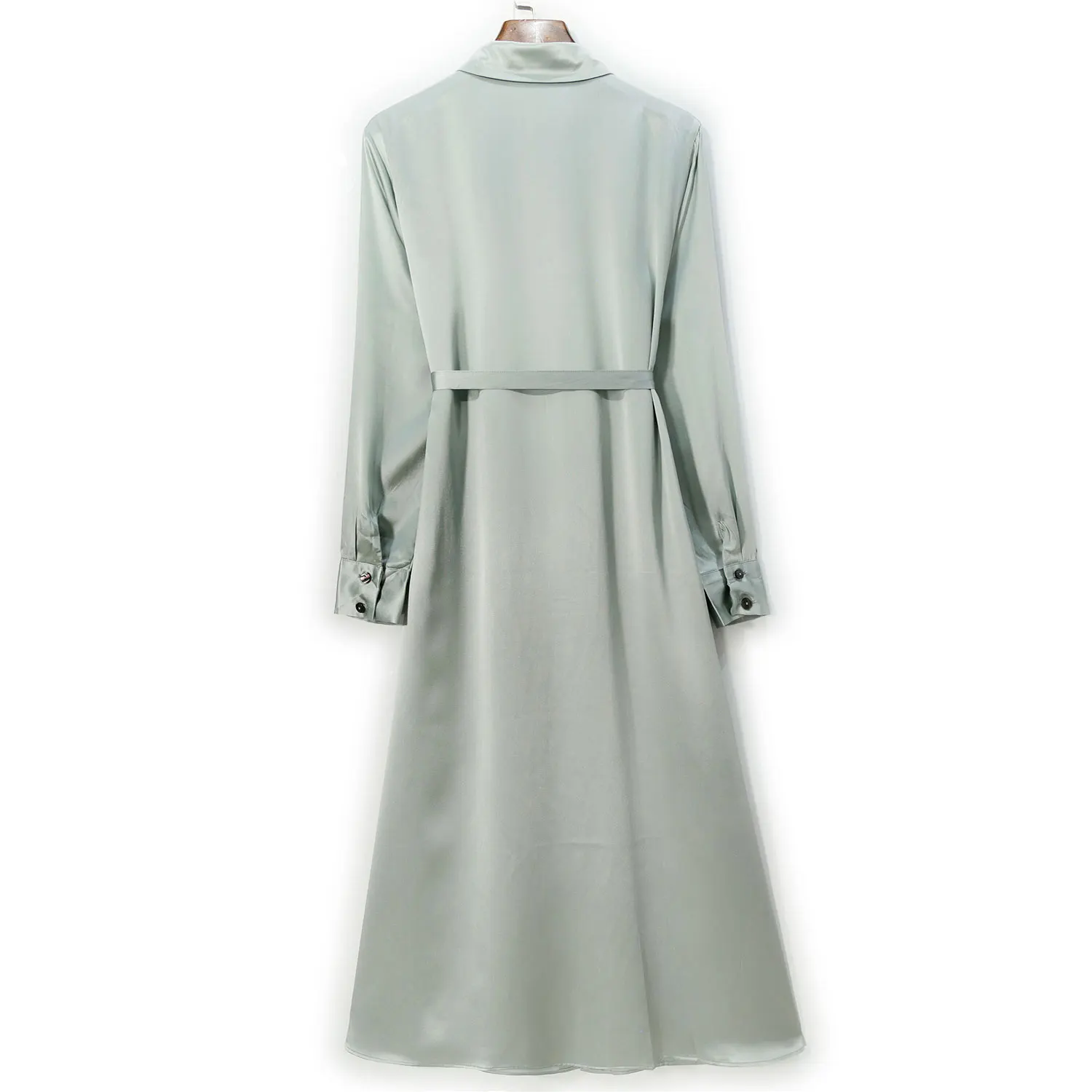 Robe en satin uni à manches longues pour femmes, tempérament, à la mode, simple boutonnage, bleu d'eau, rap100%, mûrier naturel, inj