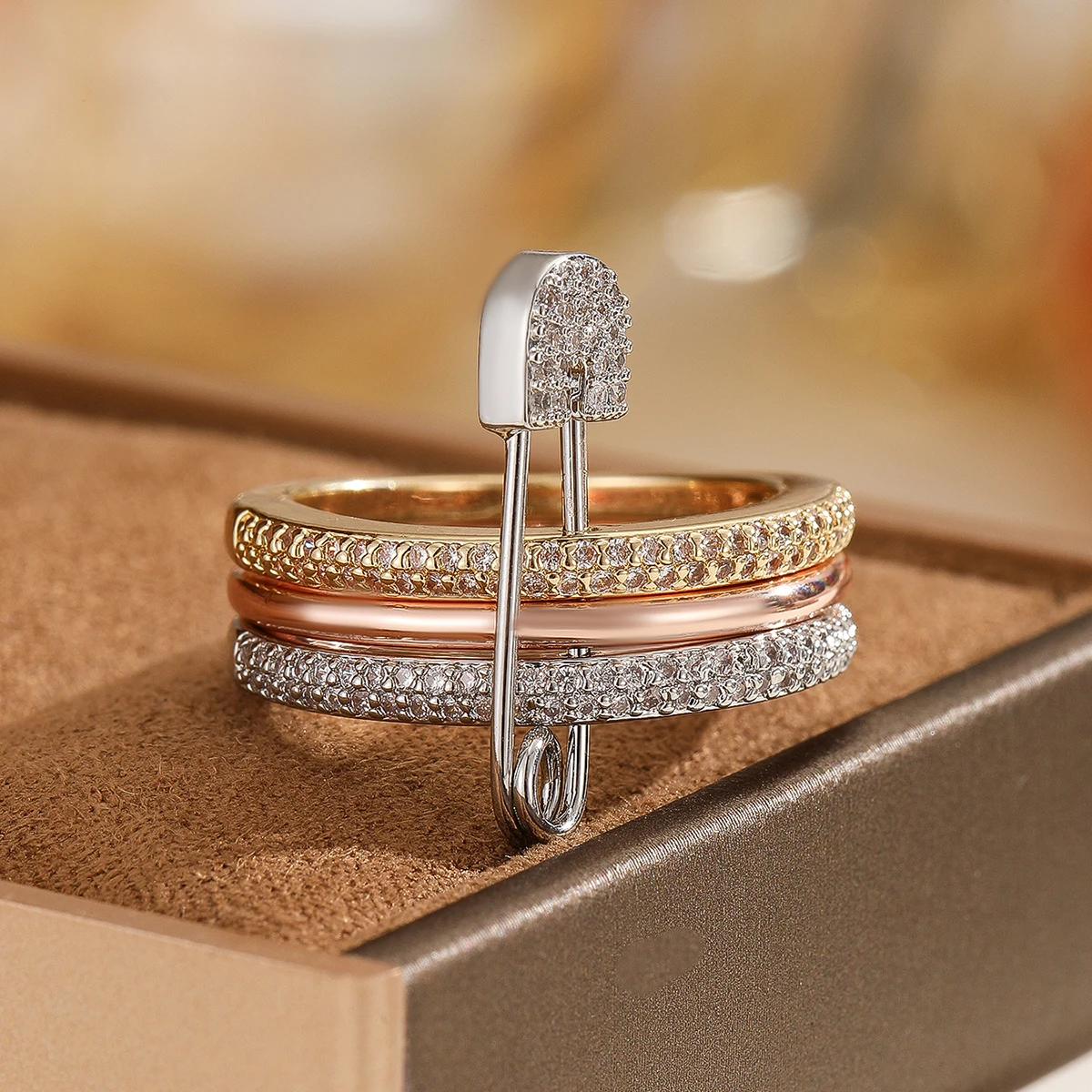 NONE Paperclip Triple Ring Copper Zircon 3