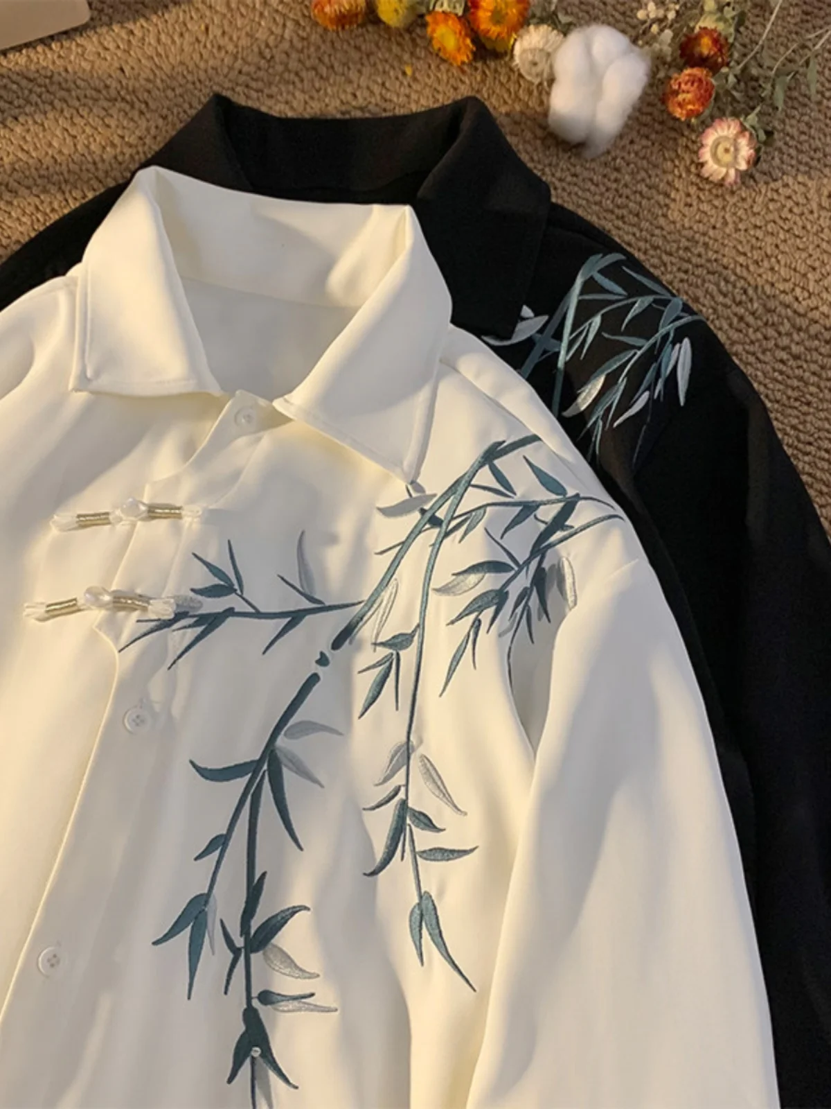 

Мужская рубашка с длинным рукавом из бамбука с вышивкой, новая весенняя коллекция, в китайском стиле Ханьфу/Тан, свободного кроя