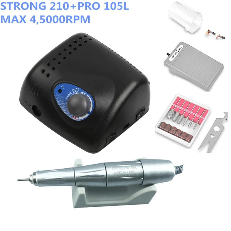 NEW 45000RPM/50000RPM Authent 65W Electric Nail Drill Machine Strong 210 PRO 105L 2.35mm Model Manicure Pedicure Nail File Bit