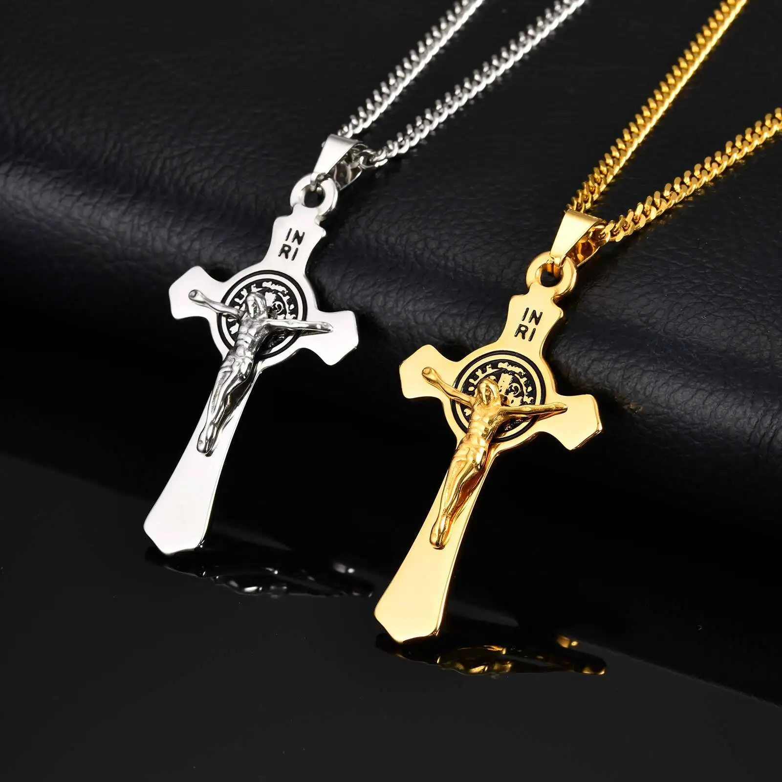 Vnox Stainless Steel Saint Benedict Cross Necklace, 28*53.5mm Jesus Crucifix Pendant Link Chain, Catholic Religious Gift for Men