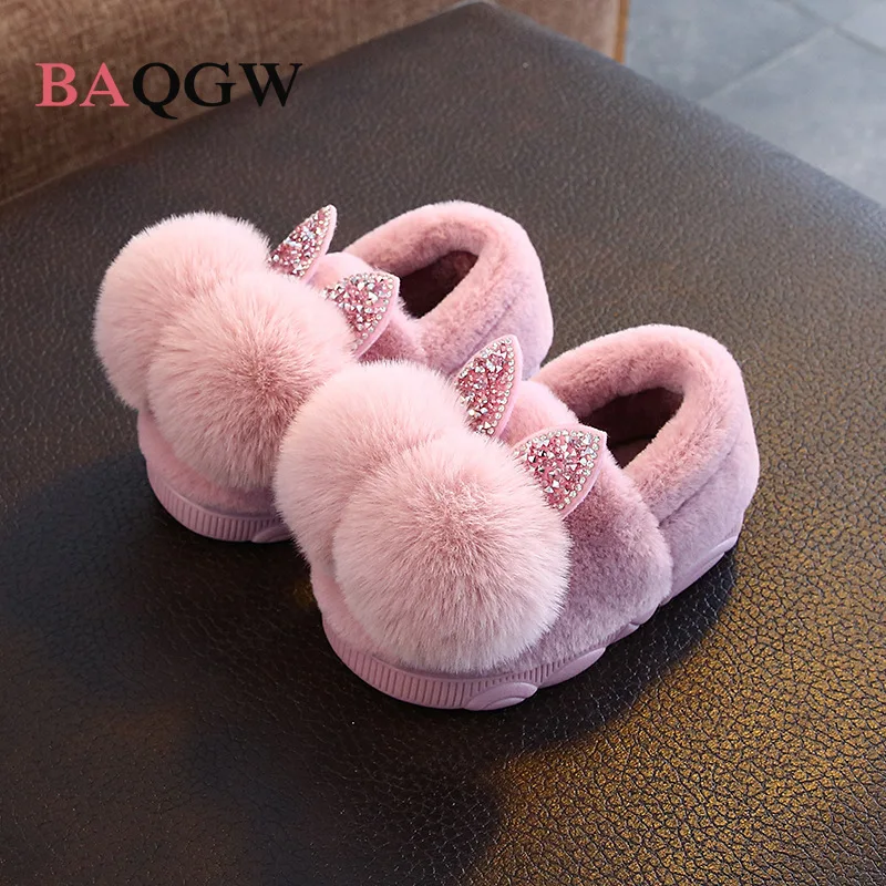 Winter Children Girls Cartoon Rabbit Indoor Home Slippers Thick Fur Warm Shoes Boys Kids Casual Footwear Baby Cotton Slippers