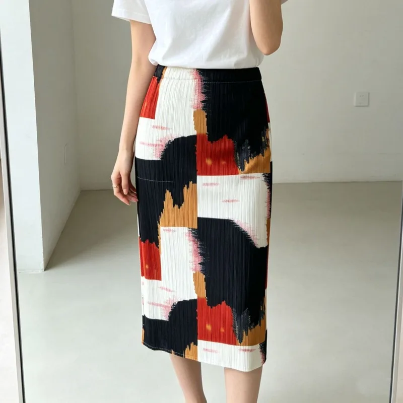 

Miyake Pleated Personality Color Block Skirt Women 2026 High Elasticity Print Casual Jupe High Waist Slimming New Pleated Skirt