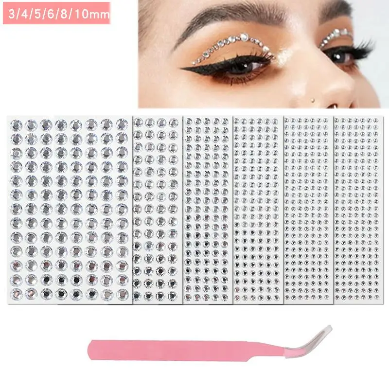 Self Adhesive Face Jewels 3/4/5/6/8/10mm Gem Rhinestone Stickers for Face Eye Body Hair Nails Make up and Craft DIY with Tweezer