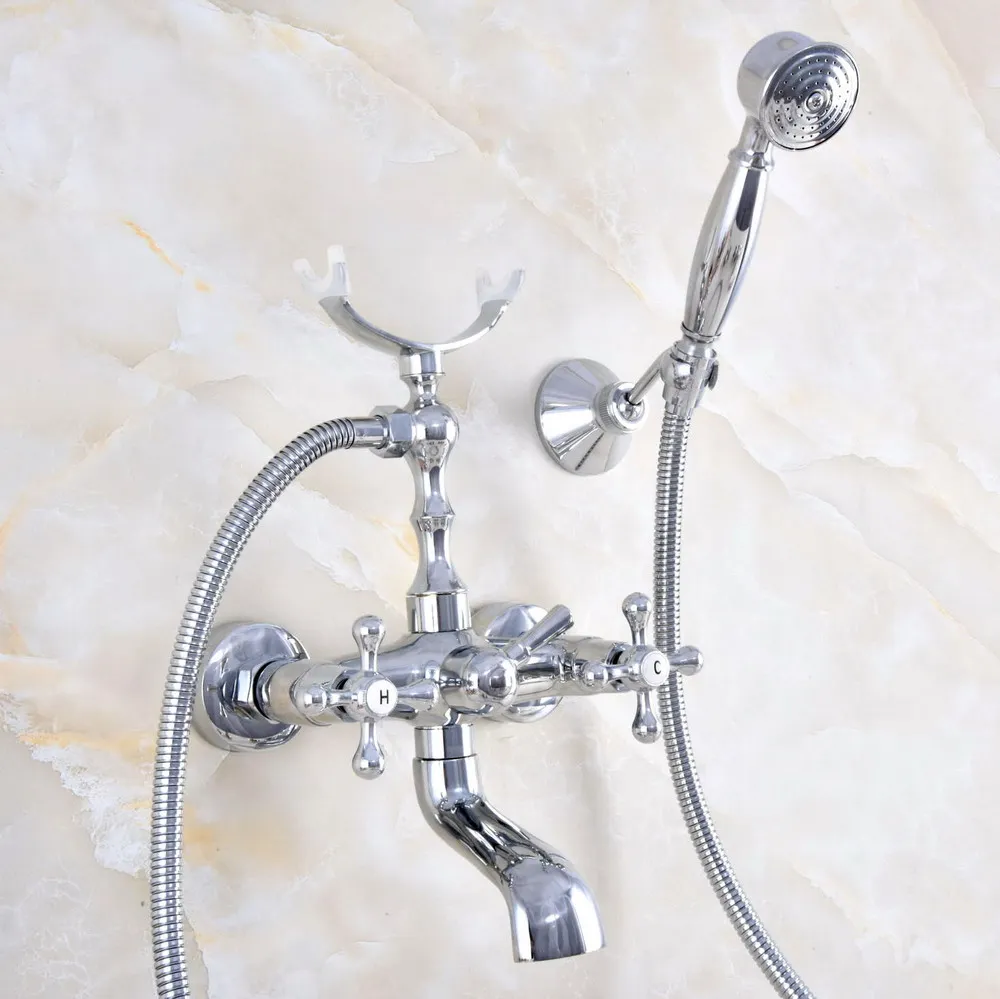 

Polished Chrome Double Cross Handles Wall Mount Clawfoot Bathroom Tub Faucet Hand Shower Mixer Tap ana713