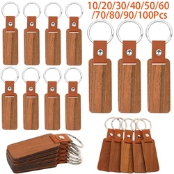 10-100Pcs Flat Plain Key Holder Unfinished Wood Leather Keychain Wooden Key Chain Ring Blank Keychains With Leather