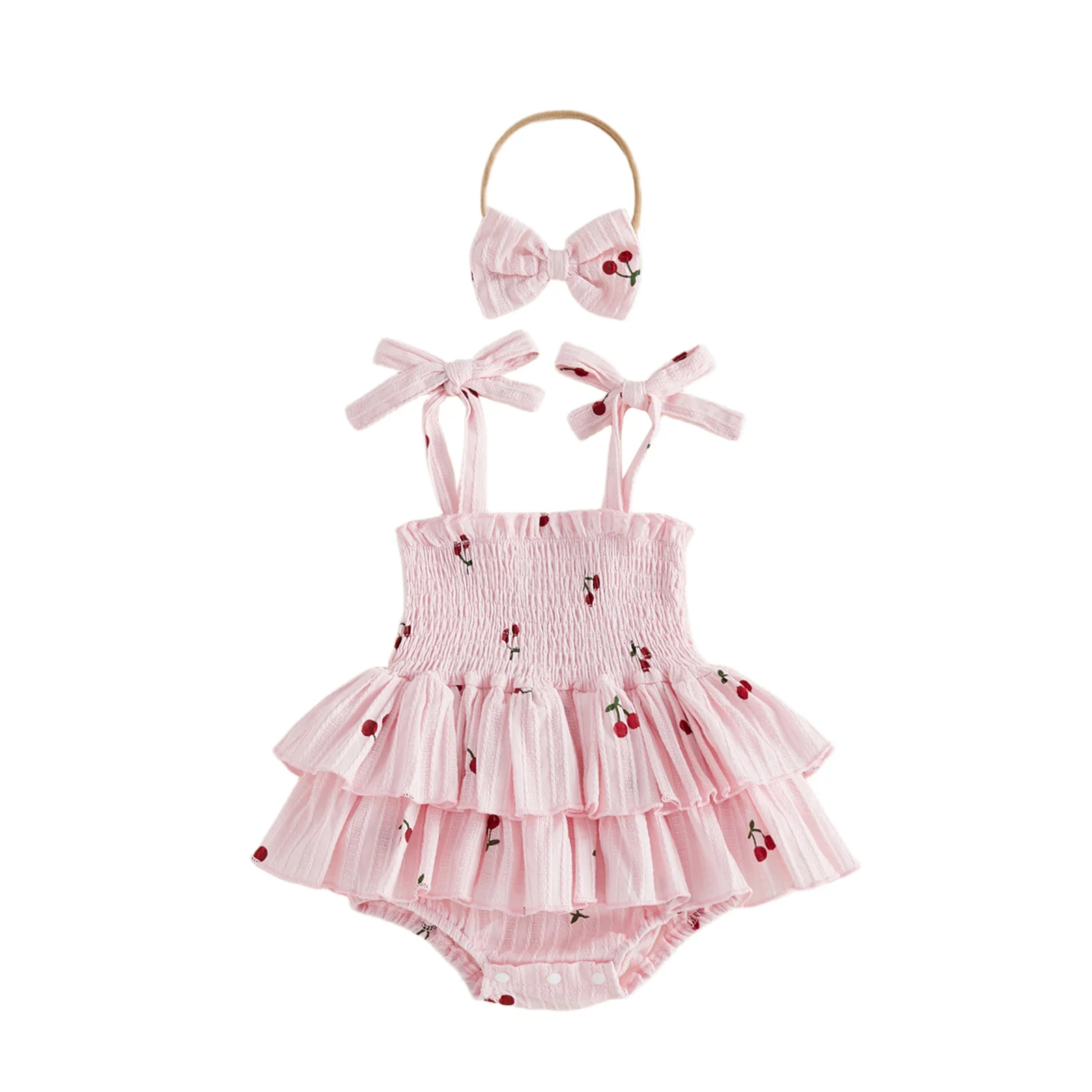 Baby Girl Summer Outfit Cherry Print Sleeveless Tie-up Smocked Romper Dress Bow Headband 2 Piece Set