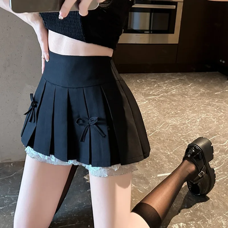 2024 New Women's Spring/Summer Cute Spliced Lace Edge Mini Skirt Sexy Bow Design Casual Y2K All match A-line Black Pleated Skirt