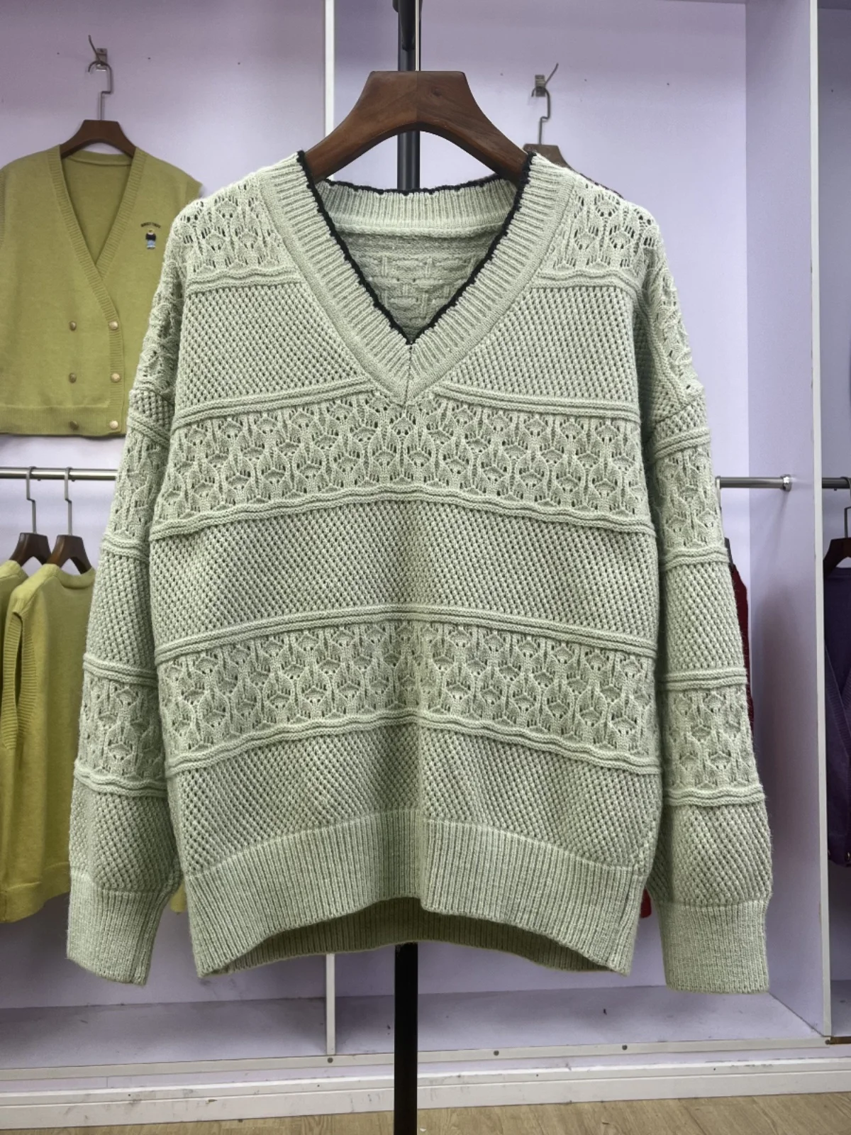 

Casual V-ne Lace Hollow-out Pure Color Retro Simple Sle Sweater 2024 Autumn Winter New Arrival Women's Faion Top