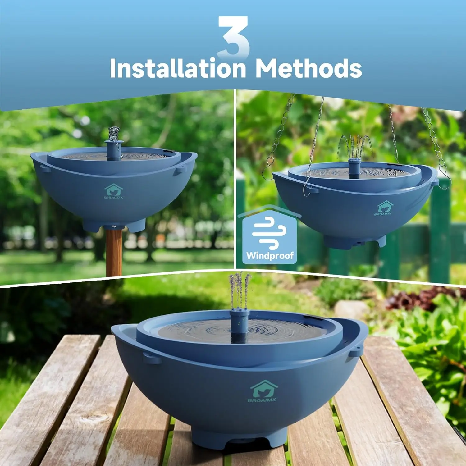 Fontanna solarna do kąpieli ptaków z 3 dyszami, automatyczne zabezpieczenie przed brakiem wody, głęboki błękit - prezent dla ogrodowika