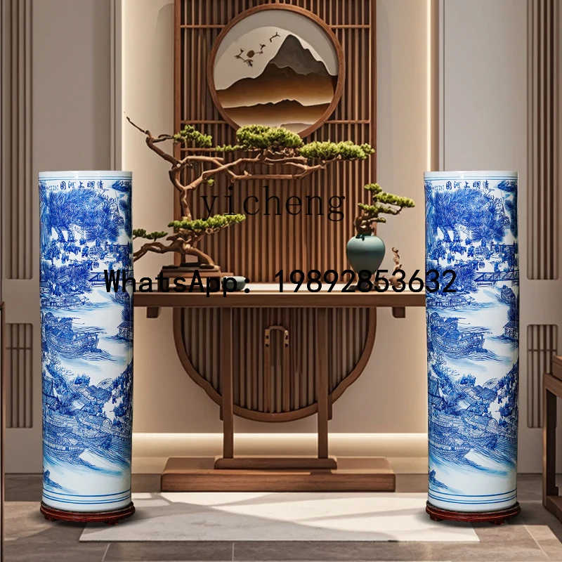 السيراميك الأزرق والأبيض الخزف من الأرض إلى السقف مزهرية كبيرة جعبة غرفة المعيشة زخرفة اسطوانة التخزين الصينية الجديدة