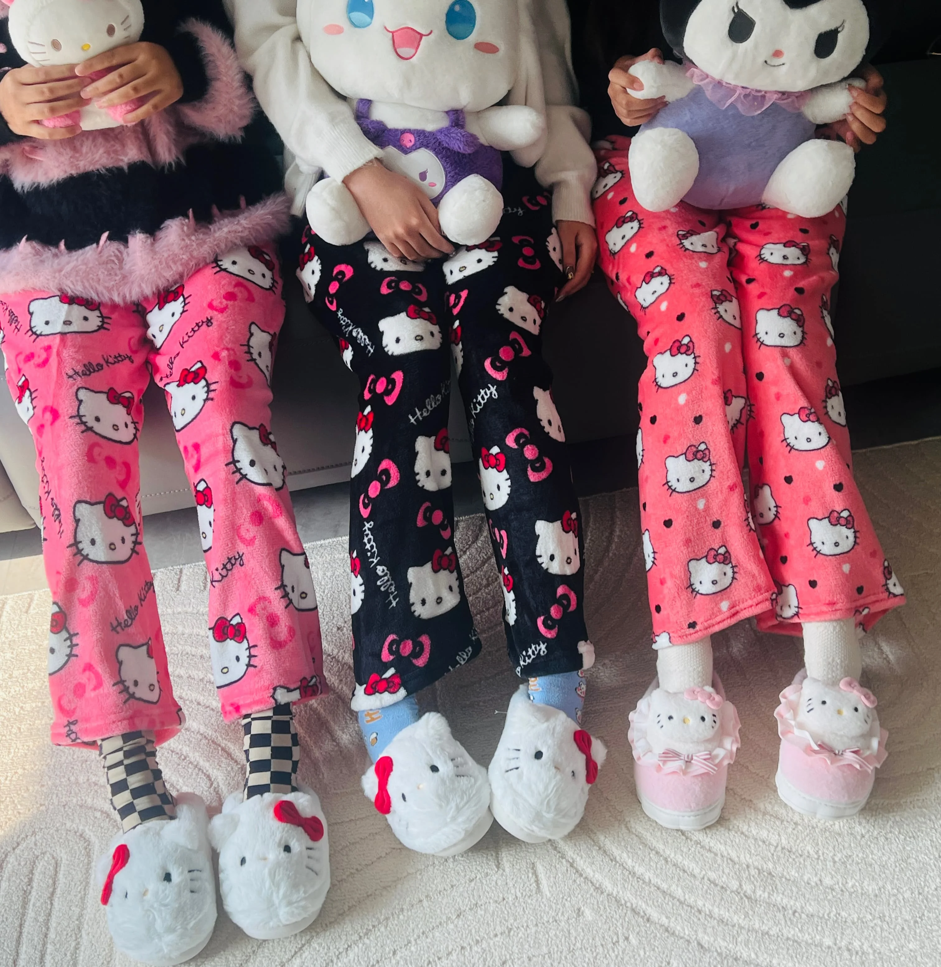 Sanrio Hello Kitty Pajamas Black Anime Flannel Women Warm Woolen Whitecartoon Casual Home Pants Autumn Fashion Trousers Gifts