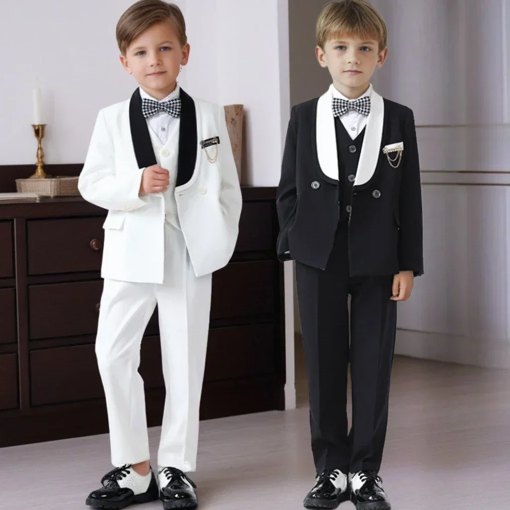 

Teens Kids Formal Suit Beige Gentleman Blazer Vest Pants 3-Piece Flower Boys Wedding Party Outfit Children Piano Performance Set
