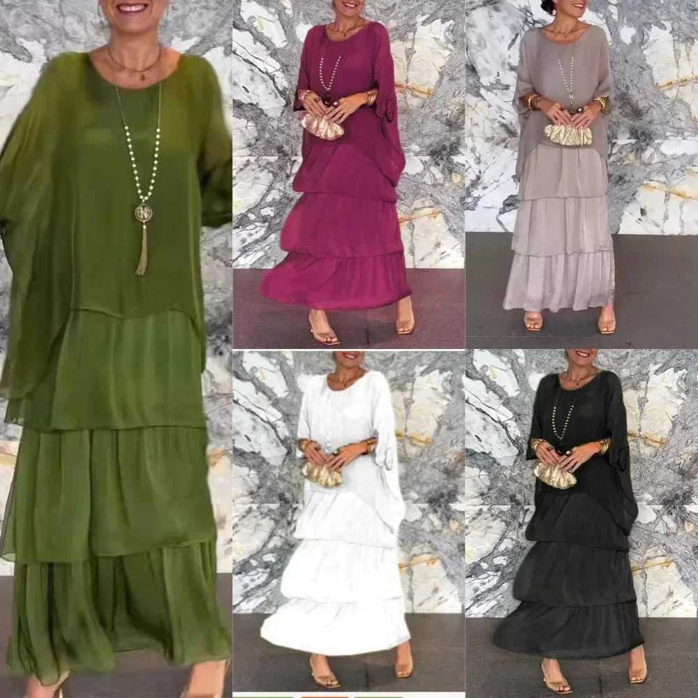 Women Elegant Solid Chiffon Boho Dress 2024 New Spring Summer O-Neck Female Pullover Dresses Half Bat Sleeve Cake Long Vestidos