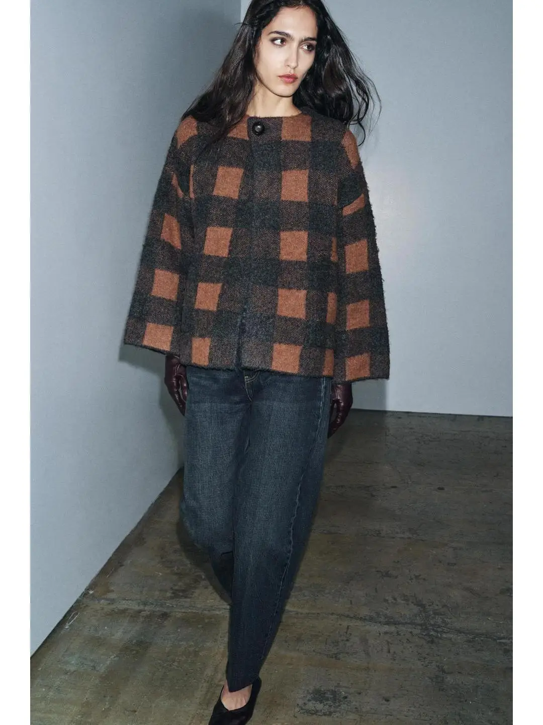 

Autumn Knitted Coat with Button Closure Long Sve Decorative Patch ket Plaid Design Ladies Faion Versatile Sle