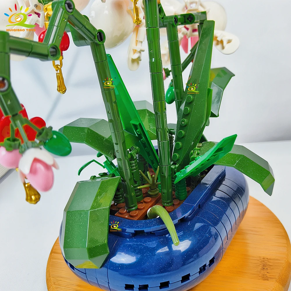 HUIQIBAO 587 قطعة MOC زهرة الأوركيد بوعاء سلسلة اللبنات باقة نموذج الطوب مجموعة لعبة للأطفال مكتب ديكور المنزل
