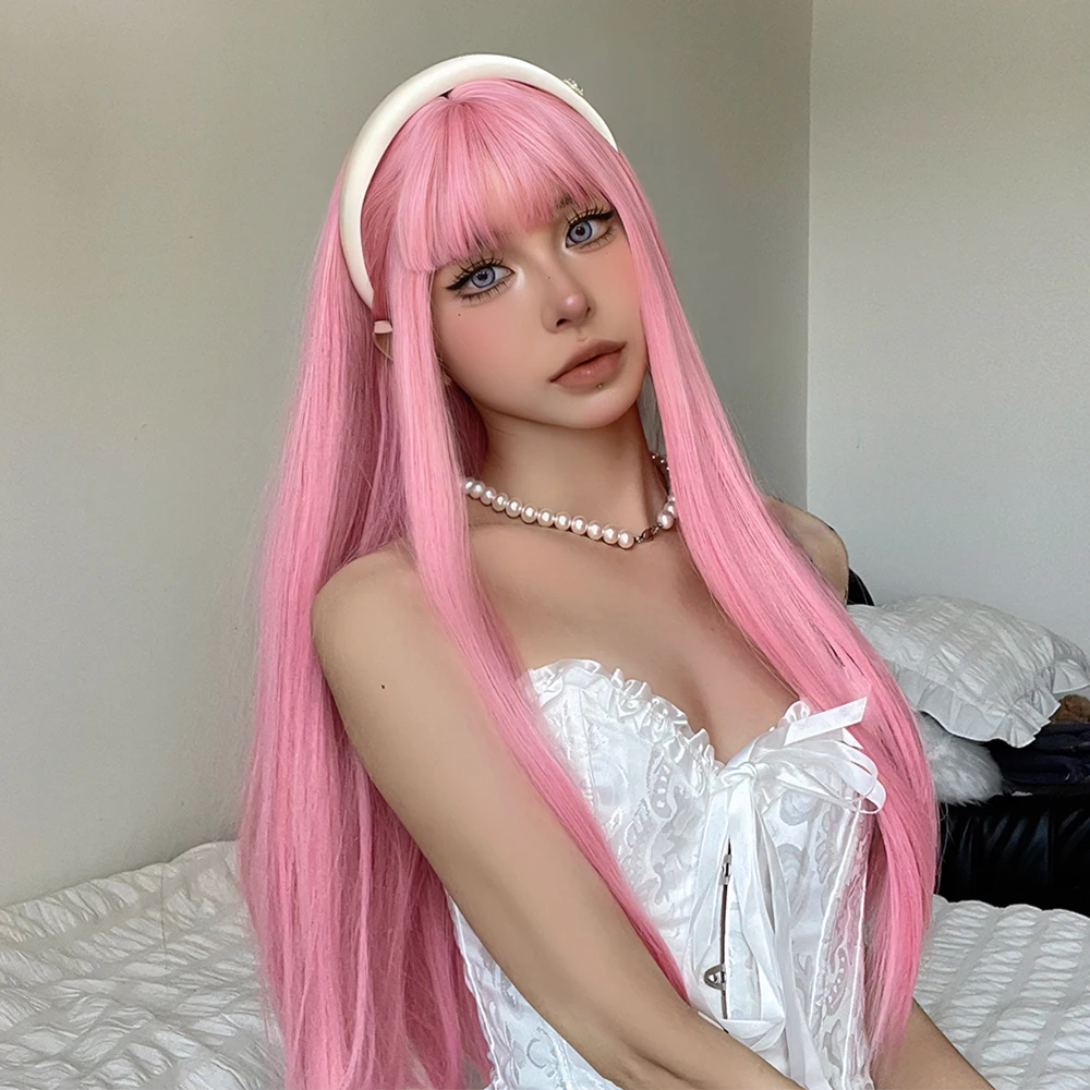 Light Pink Cosplay Long Straight Synthetic Wigs with Bangs Halloween Lolita Colorful Wig for Women Afro Natural Heat Resistant