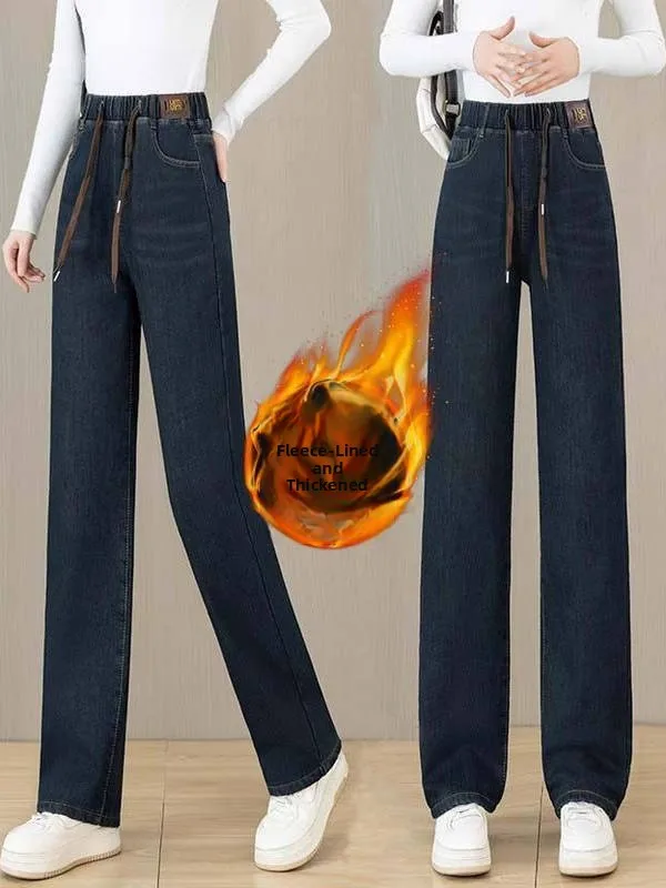 

Прямые женские джинсы с высокой талией на подкладке, тонкие женские джинсы с эластичной резинкой на талии, свободные утягивающие широкие брюки, повседневные брюки