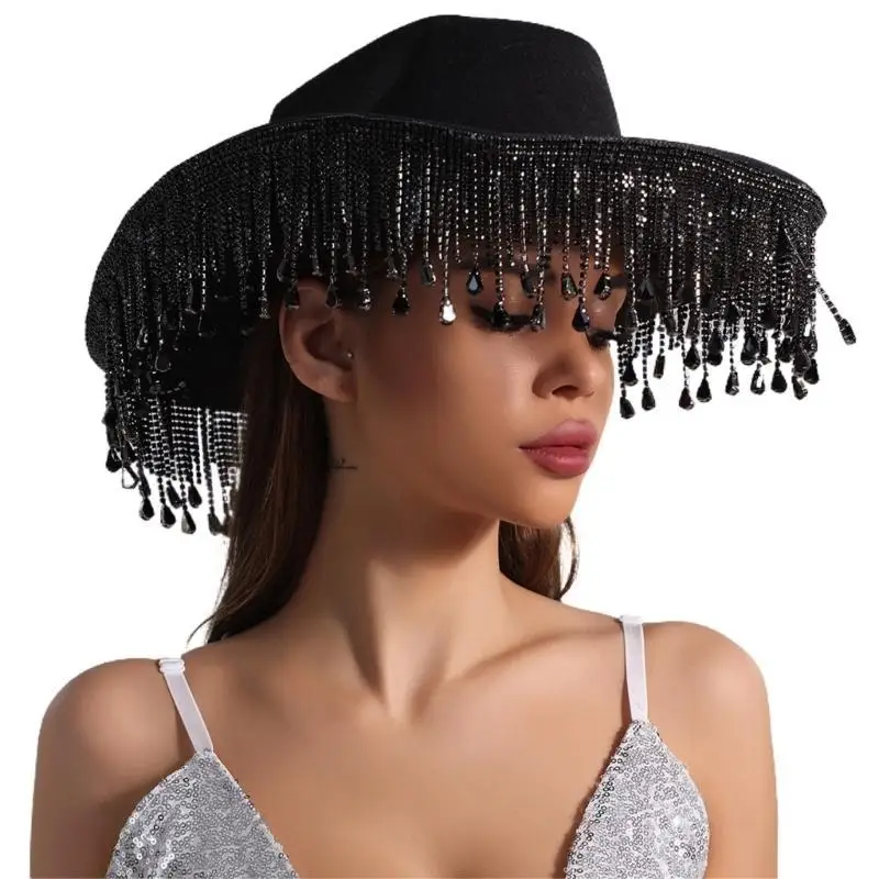 39BD Cowgirl-Hut mit Fransen und Strasssteinen für Damen, Cosplay-Kostüm, Junggesellenabschied, Kopfbedeckung, Hochzeit – Detail 10