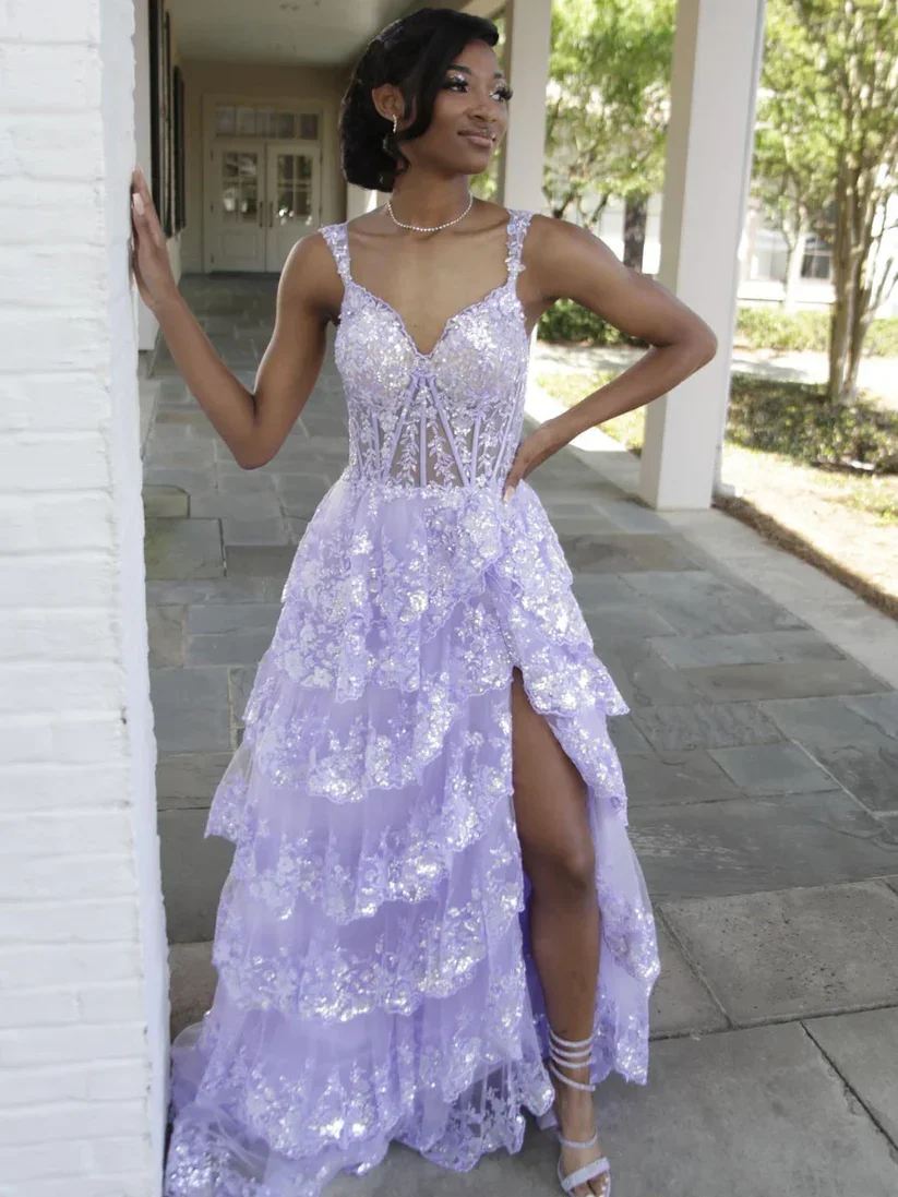 

Lilac Sequin Lace Ruffles Prom Dress Split Evening Gown Spaghetti Straps A-Line Tiered Birthday Pageant Party Dress Customized