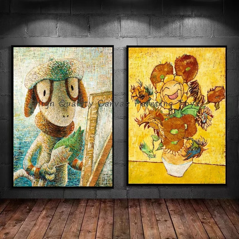 Van Gogh Museum Pokemon figuras de Anime Pikachu pintura a acuarela lienzo carteles e impresiones arte de pared imagen para sala de estar