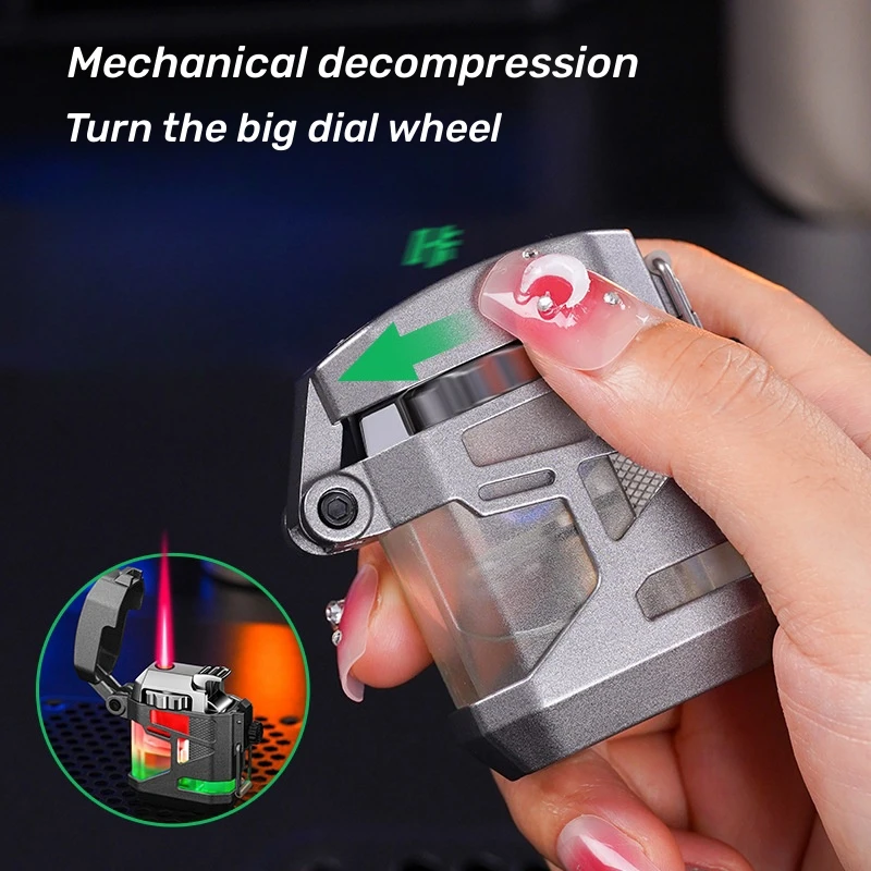 Mecha Shaped Windproof Red Flame Lighter with Rotating Wheels for IgnitionI Inflatable Lighter LED Colored Lights Men\'s Gift Box