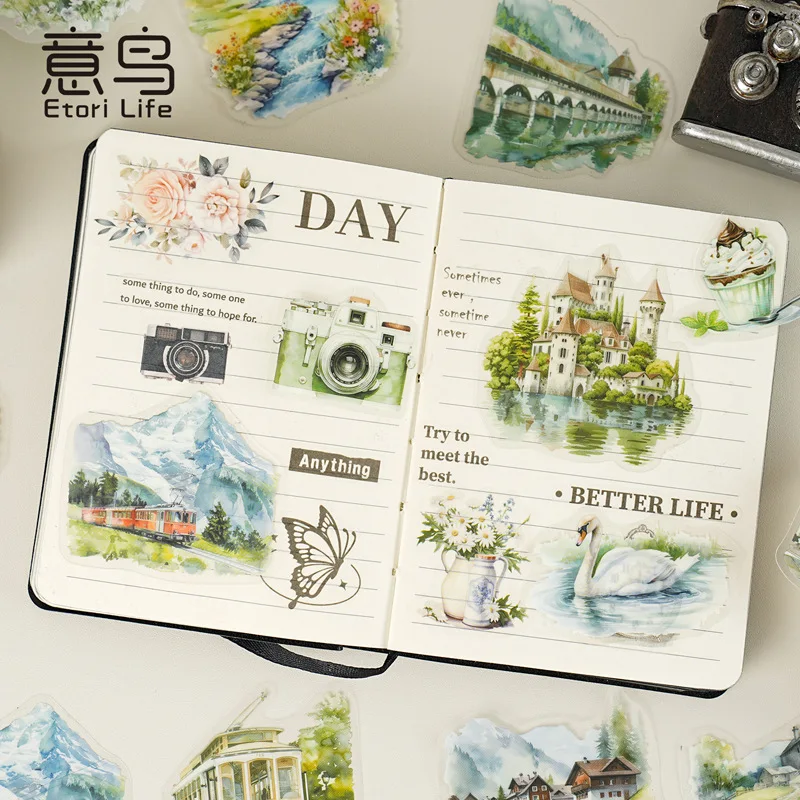 30pcs/pack Transparent Sticker Bag Holiday Trip London Paris Swiss Thai Maldives Landscape for Journaling Scrapbook Collages