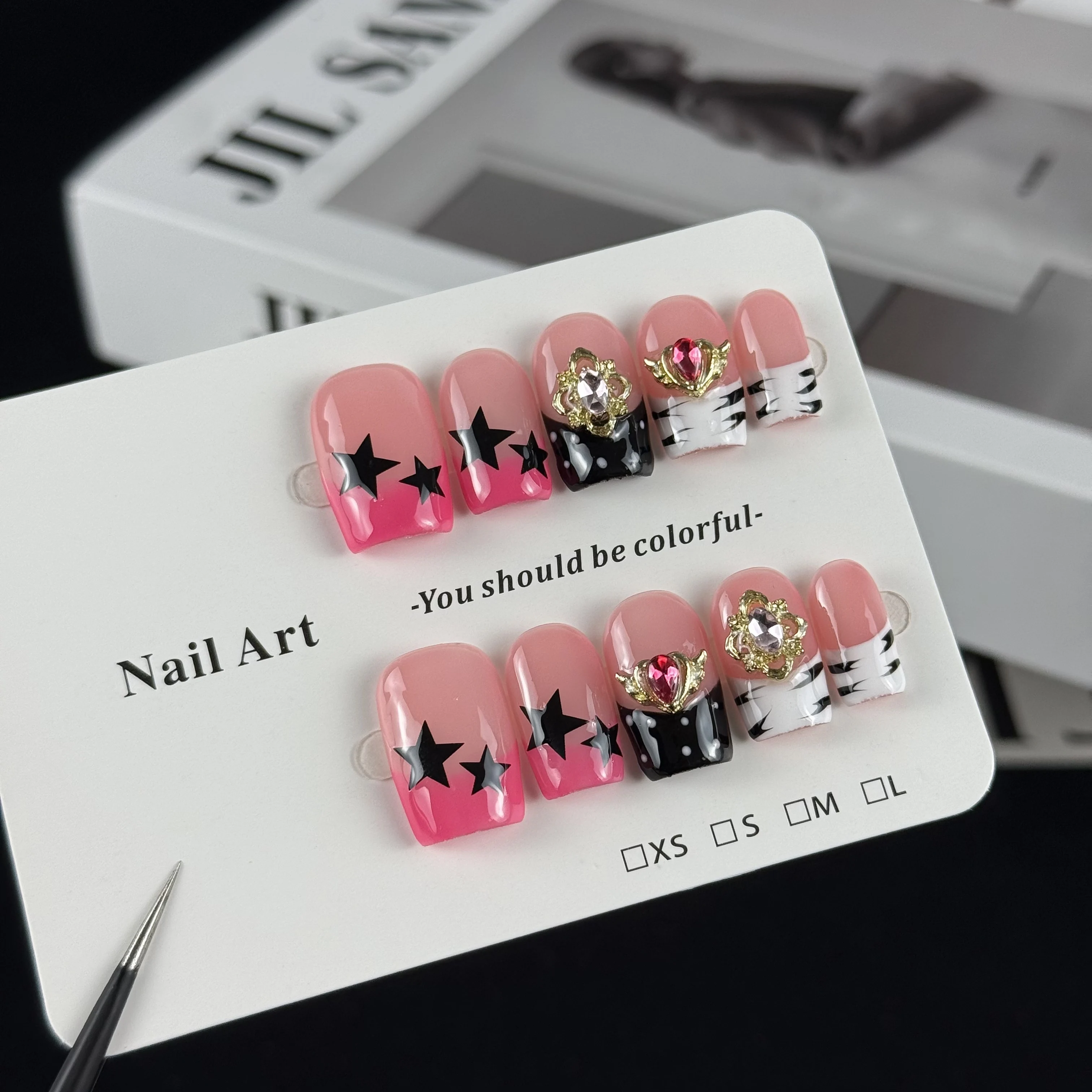 10pcs high-end Fashion street style, hand-painted zebra pattern, star design, shiny heart-shaped diamonds handmade fake nails