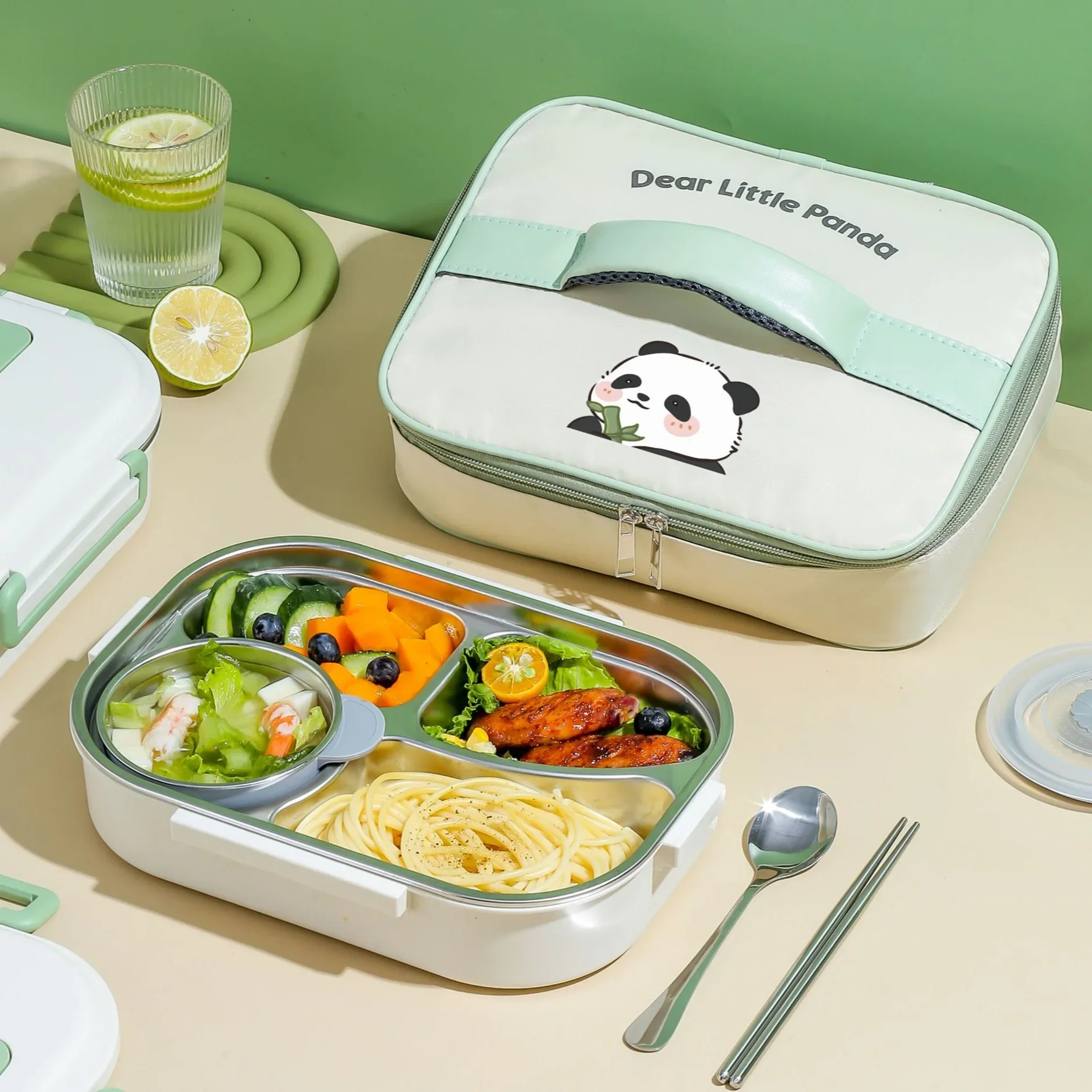 Panda Stainless Steel Thermal Lunch Box for Adults And Kids with Cutlery Set Microwave Safe 4/5 Grids for School Picnic