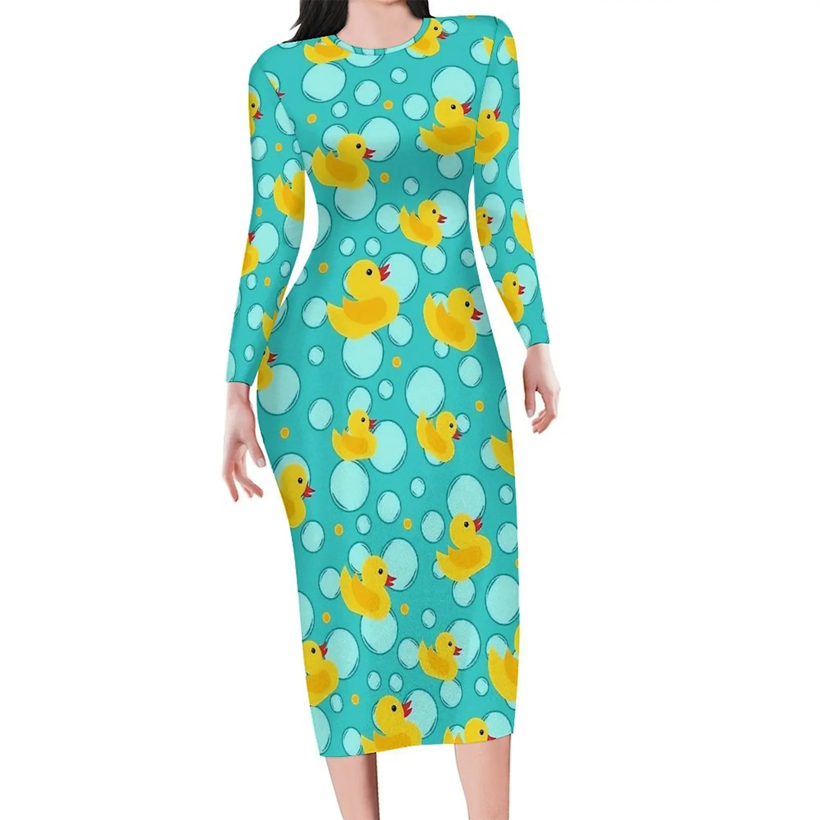 여성용 긴팔 패턴 미학적 드레스, 귀여운 파란색 노란색 고무 오리 랩스커트, 홀리데이 레트로 드레스, 3XL, 4XL, 5XL