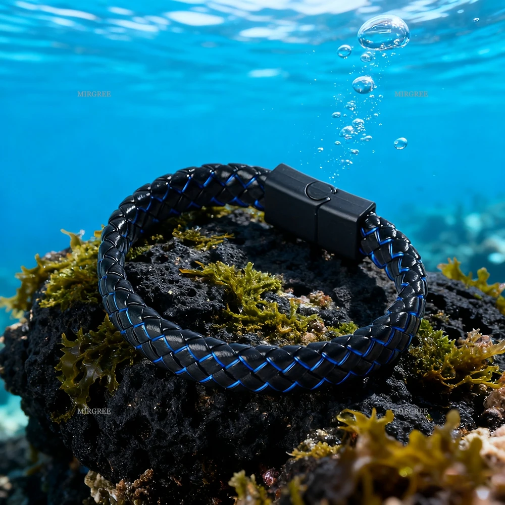 قطعة واحدة من سوار جلد البولي يوريثان المنسوج باللونين الأسود والأزرق للرجال، إكسسوار معصم كاجوال فريد، هدية ممتازة