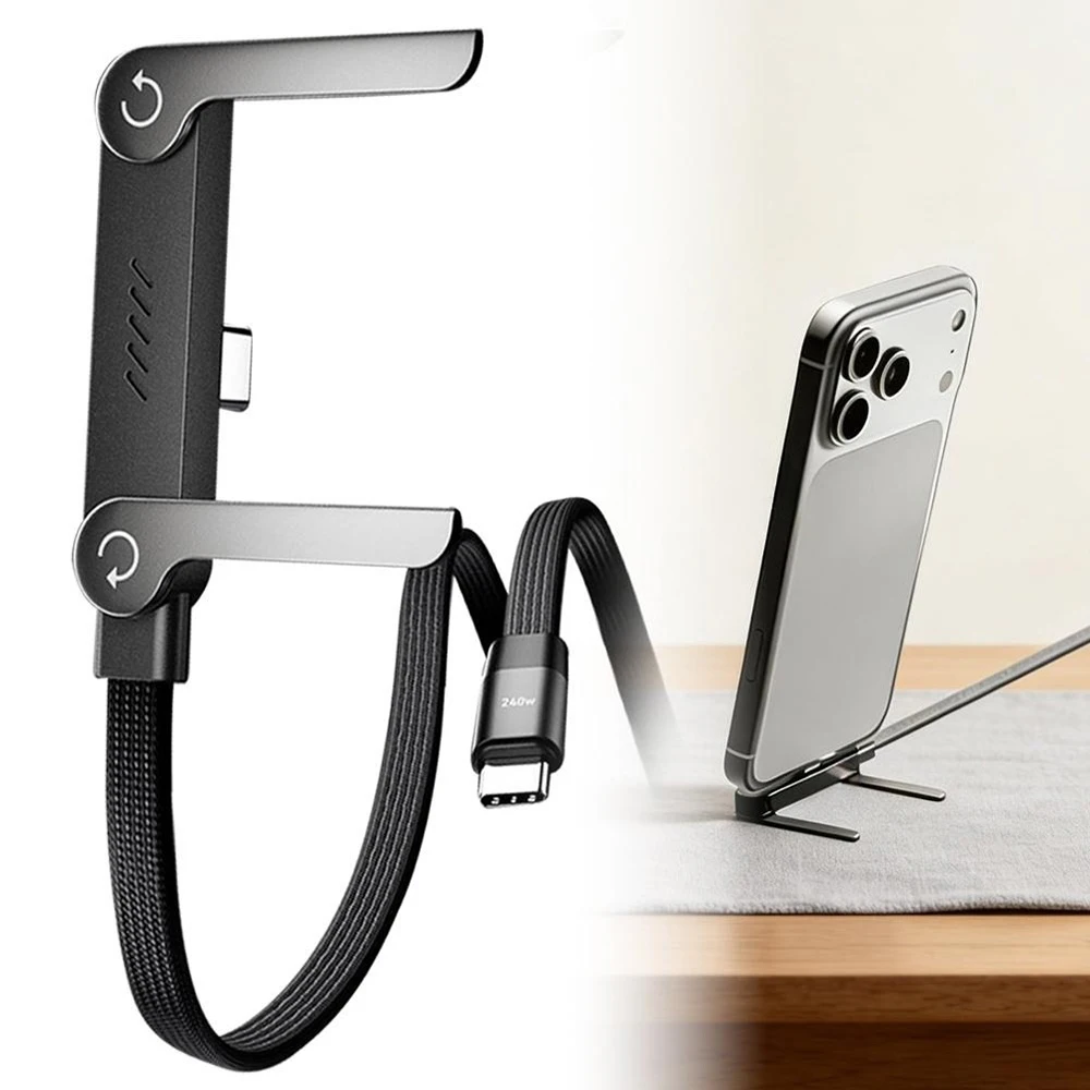 240W geflochtenes Ladekabel mit integriertem Telefonständer, T-förmiges USB-C-auf-USB-C-Ladekabel mit faltbarem Telefonhalter für Android