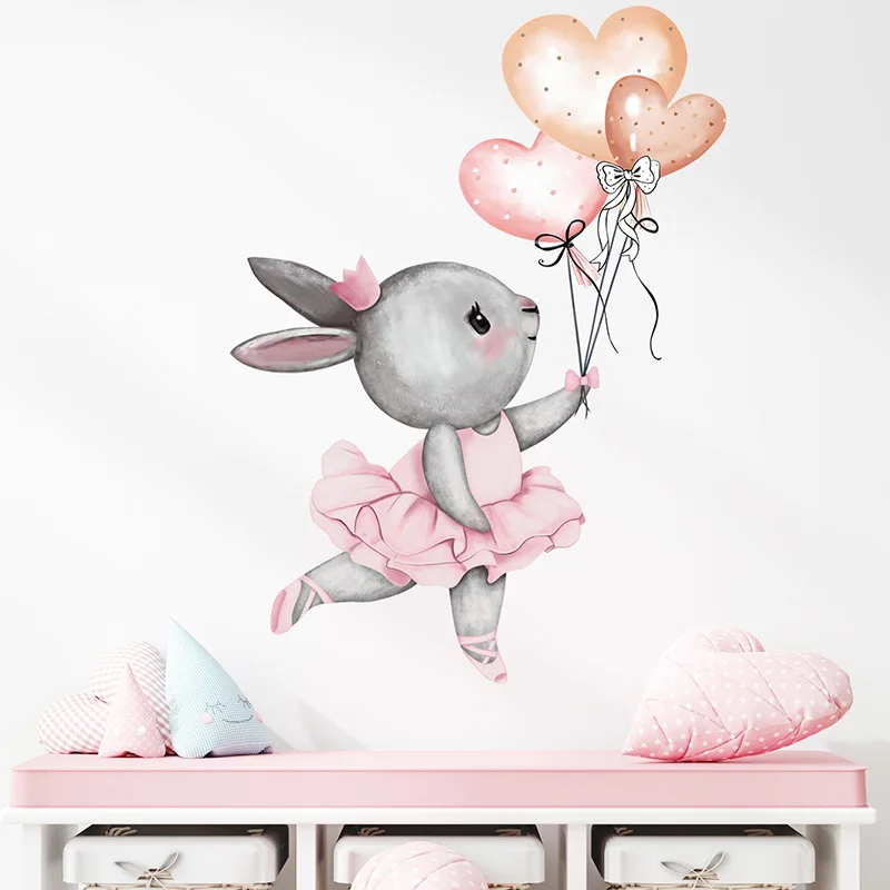 Cartoon Grey Ballet Rabbit with Heart Balloon Wall Decals Baby Girls Room Decor Wall Sticker Kindergarten Nursery Room Wallpaper