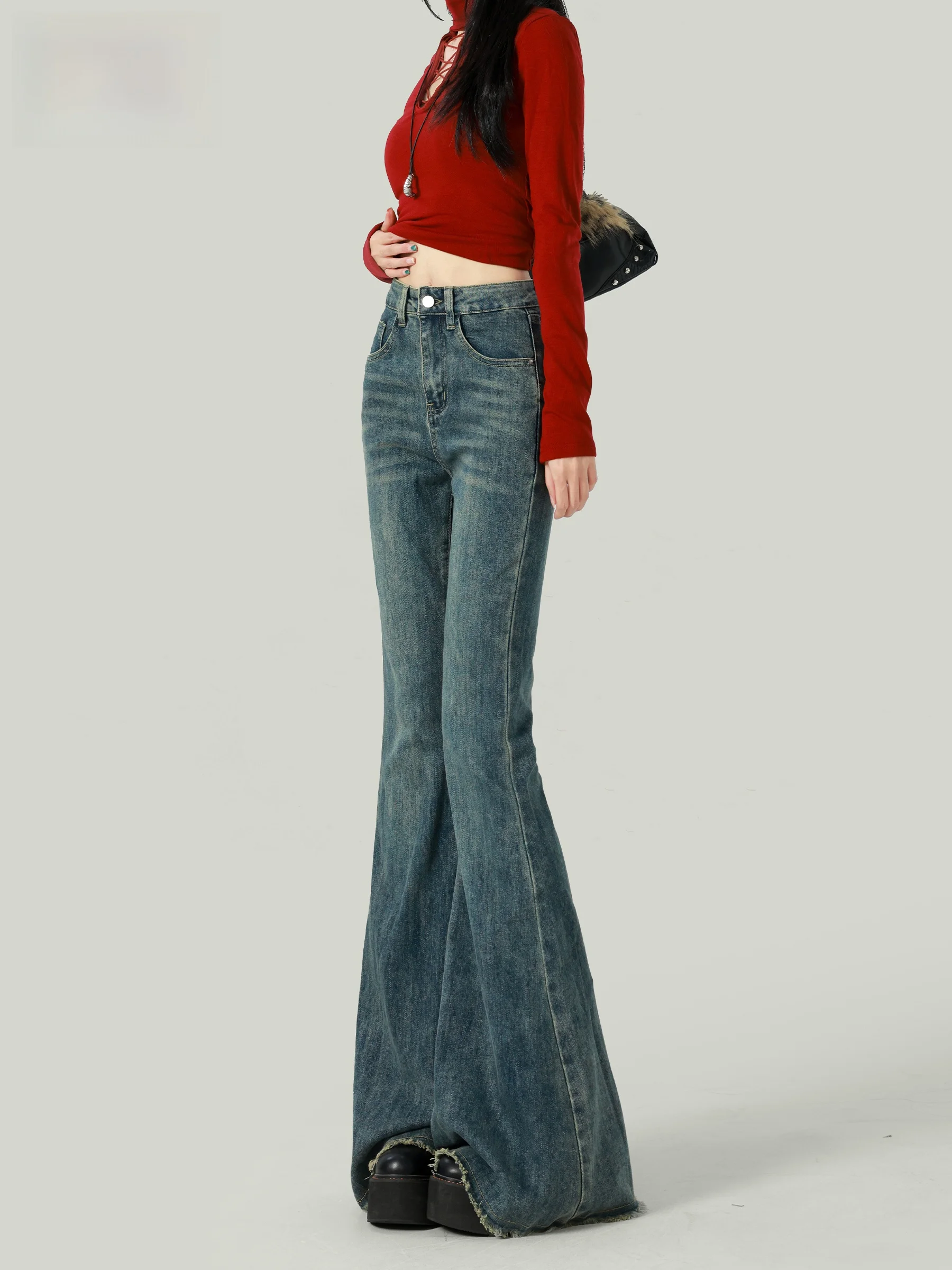 

Джинсы-клеш в американском стиле с высокой талией для женщин, с эффектом похудения, с потертостями, повседневные, из денима