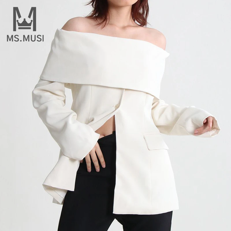 MSMUSI 2024 New Fashion Women Sexy Off The Shoulder Button Pocket Long Sleeve Bodycon Party Club Event Slim Shirt Blazer Top