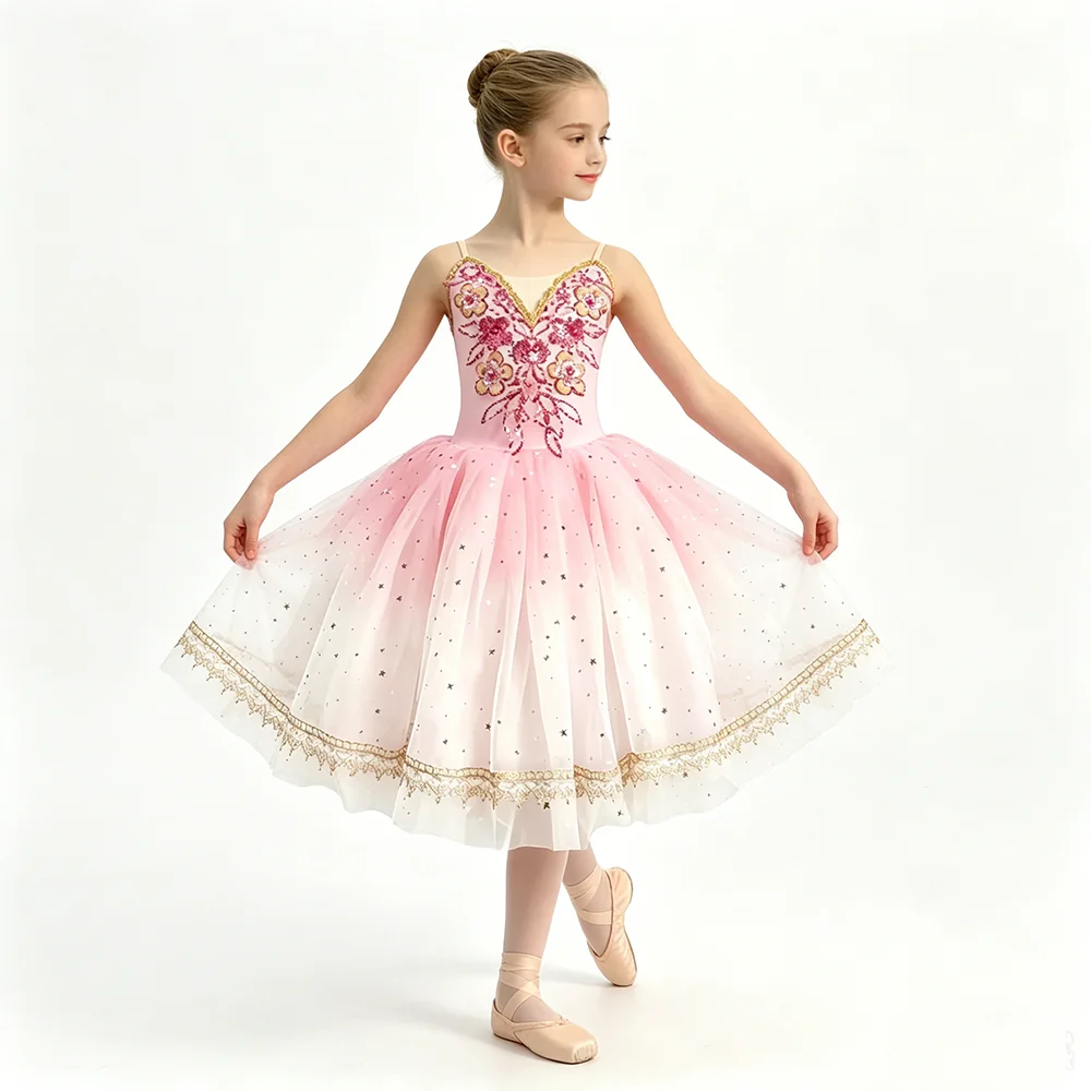 

Girls Pink High Quality Tulle Ballet Costume Sequin Flowers Elegant Stage Performance Dance Wear Kids Skirt