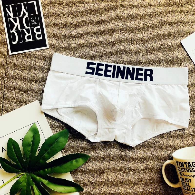 Tide menโs underwear cotton low waist sexy boyshort youth solid color comfortable sports boxers white underwear.