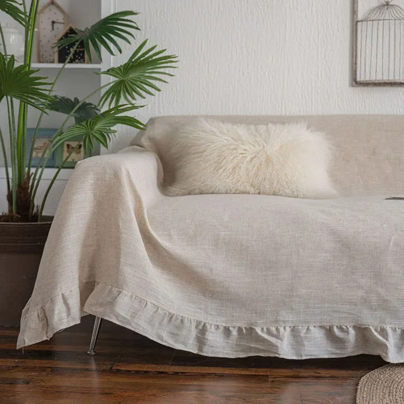American Flounce Plain Sofa Cover Polyester-Linen Multifunctional Sofa Dust Towel Simple Furniture Protector for Four Seasons