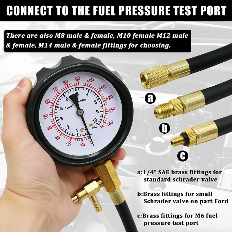 TU-114 Fuel Injector Pressure Gauge Tester Kit Diesel Engine Compression 0-140 PSI Gas Oil Pressure Tools for Car Motorcycle