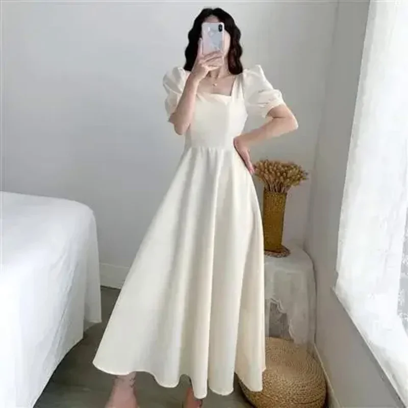 Elegant Slimming Long Dress Summer Puff Sleeves Square Collar White Hebon Lightweight Dress For Women Waist-fitted Casual