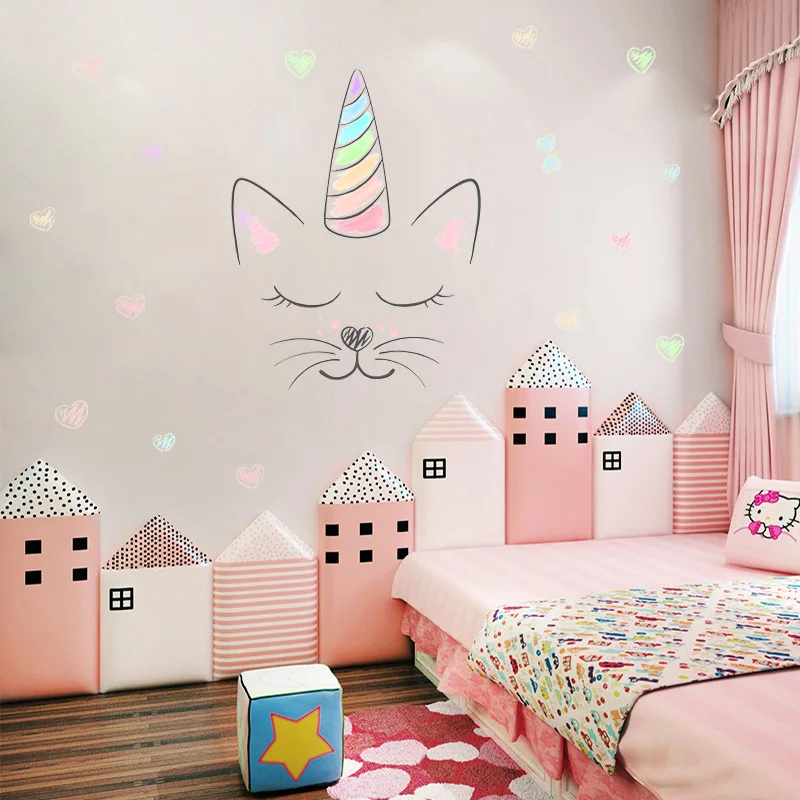 Watercolor Love Unicorn Cat Wall Stickers for Girl Princess Kids Rooms Decoration Stickers Home Decor PVC Wall Decals for Door