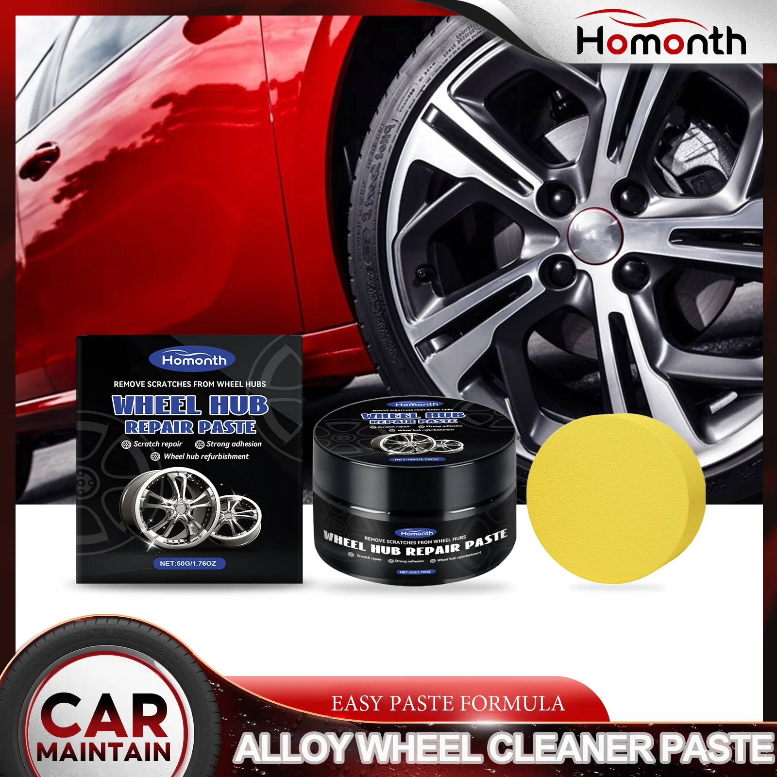 Alloy Wheel Cleaner Paste Wheel Rim Polish Protector Remove Rust Brake Dust Stains for Car Detailing with Applicator Sponge 50g