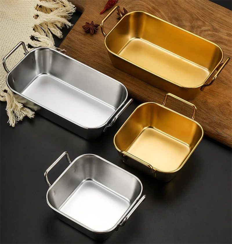 304 Stainless Steel Food Storage Tray with Handle Silver Gold Baking Pastry Pan BBQ Snacks  Kitchen  Plate Sushi Dish