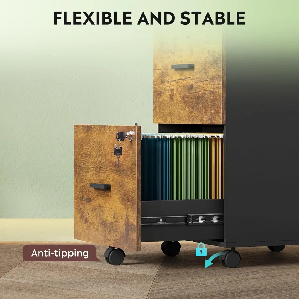 خزانة ملفات خشبية دوارة بثلاثة أدراج مع قفل، مناسبة لوثائق حجم الحروف/A4، بني ريفي للاستخدام المنزلي والمكاتب